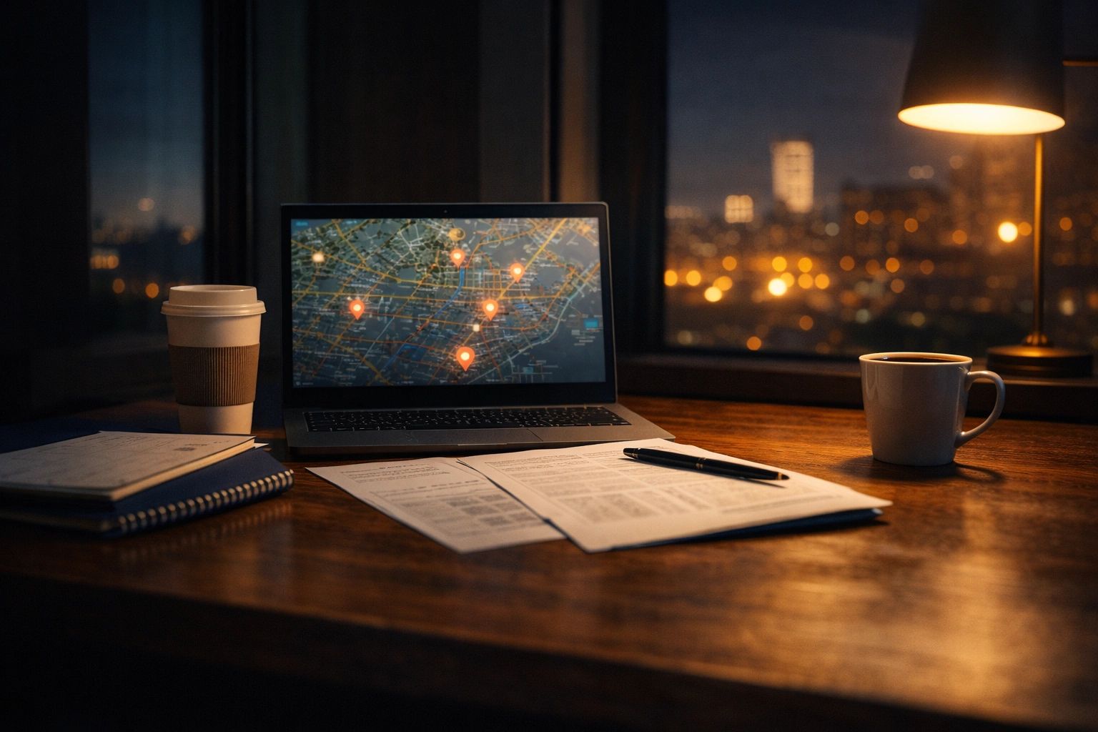 Investigador privado con licencia en Chicago realizando localización de personas e investigación en bases de datos en su espacio de trabajo nocturno